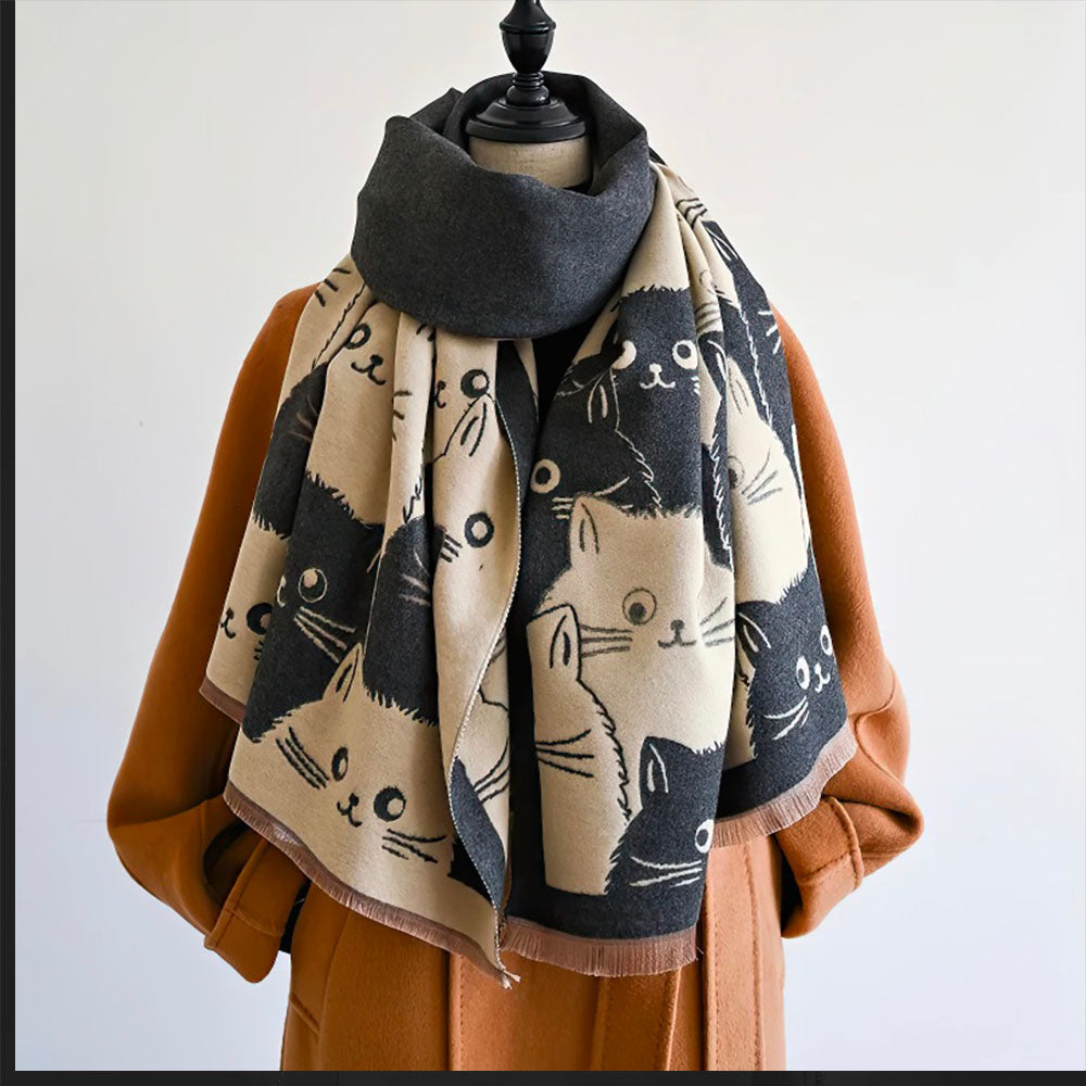 Foulard Motifs Chats Mignons en Imitation Cachemire pour Femme Gris et Crème