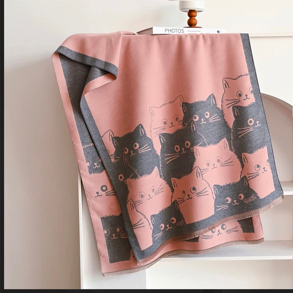 Foulard Femme Epais et Chaud en Polyester Imprimés Chatons Kawaii Rose et Gris