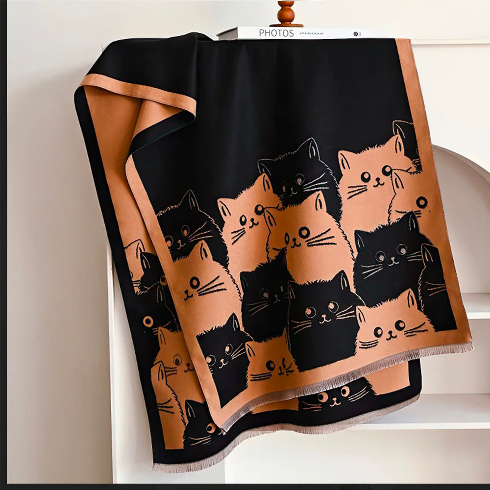 Grand Foulard Féminin Epais Imprimé Chatons Adorables Rectangulaire Noir et Orange