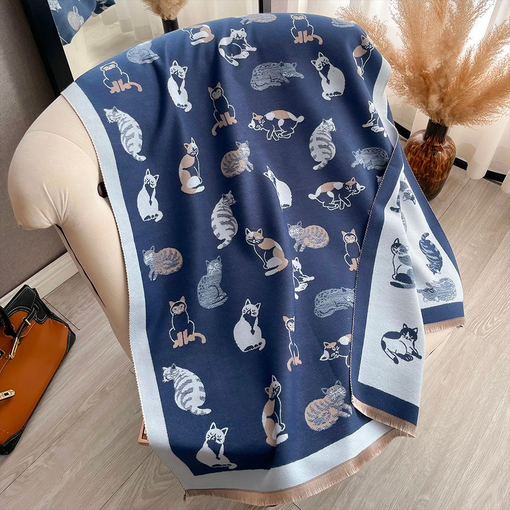 Foulard Bleu Motif Chat Automne Hiver pour Femmes à Franges