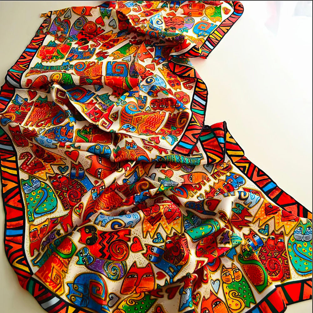 Long Foulard en Soie Imprimé Chat Cartoon pour Femme Tendance
