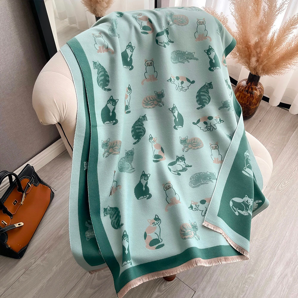 Foulard Hiver pour Femme Vert Motif Chatons Adorables Imitation Cachemire