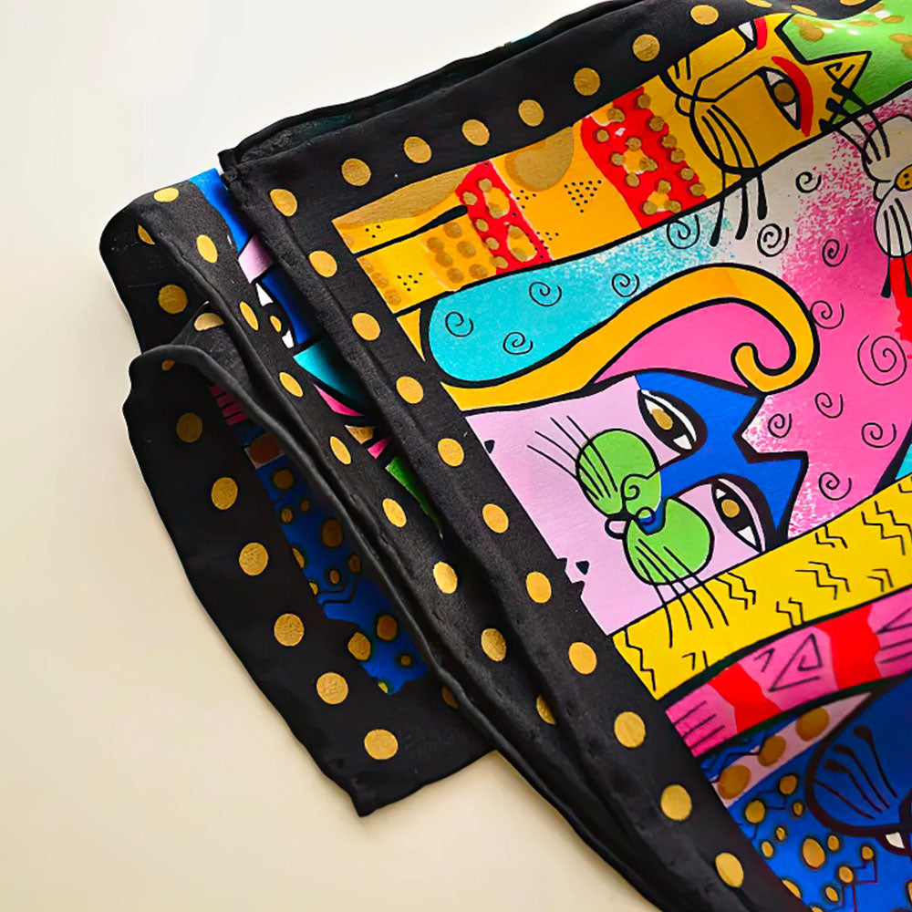 Foulard Soie Multicolore Bordure Noire pour Femme Imprimé Chat