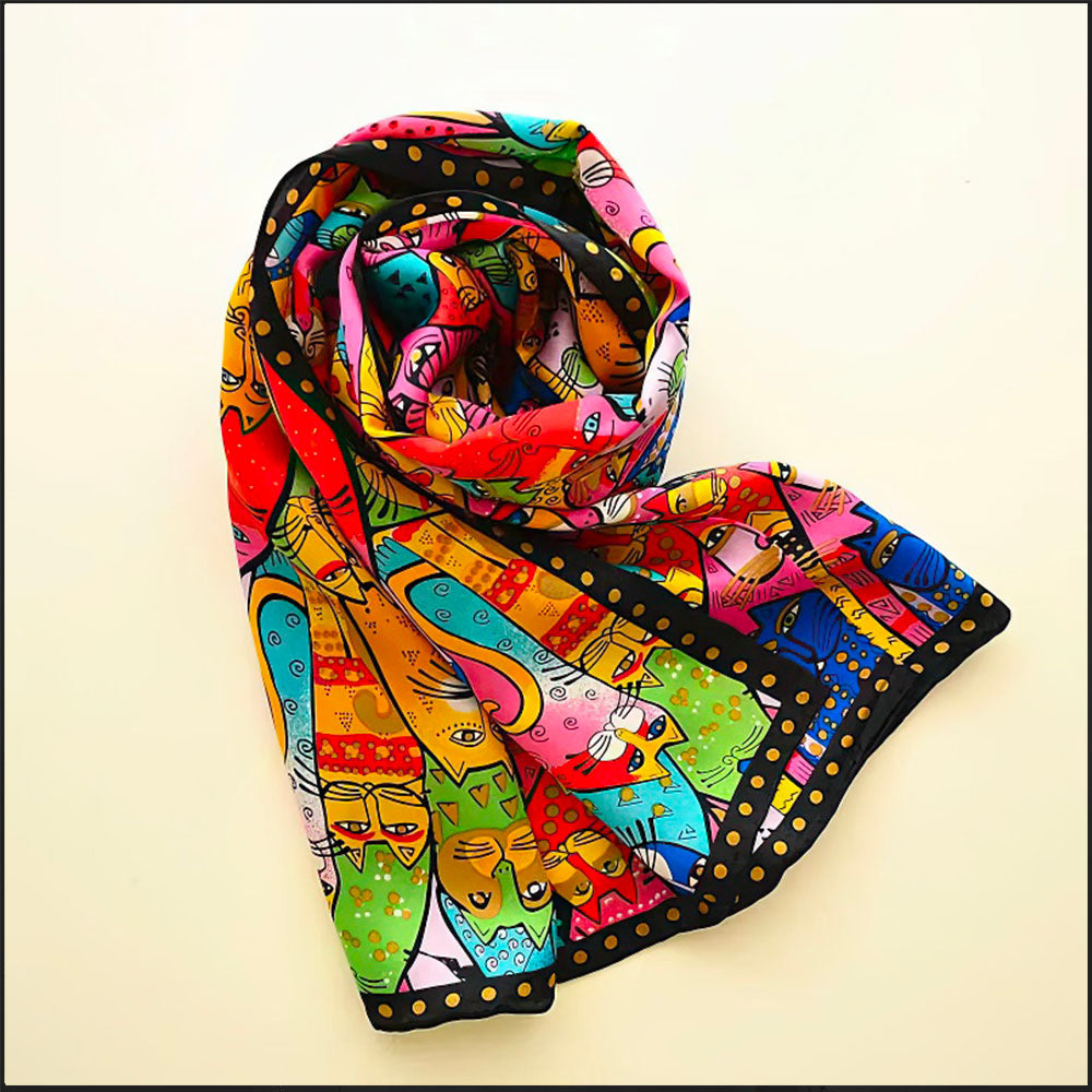 Foulard Multicolore en Véritable Soie Motifs Chats pour Femme