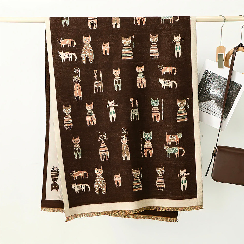 Grand Foulard Marron avec des Chats Mignons Tissés Bordures Crème et Franges
