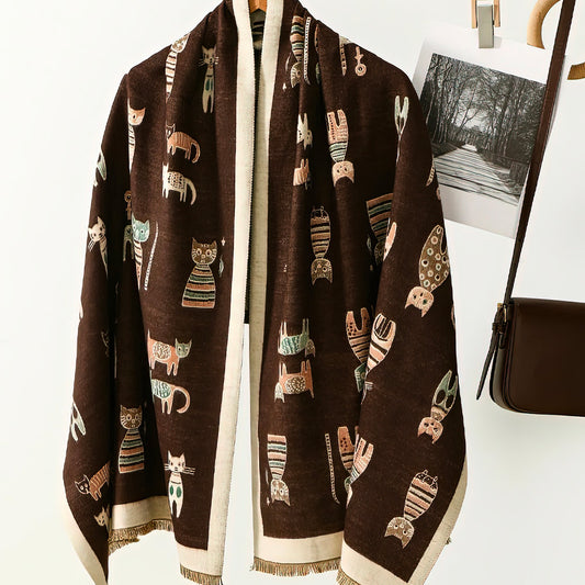 Long Foulard Femme avec Motifs Chats Tissés, Marron et Beige Polyester