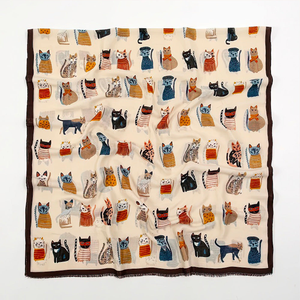 Grand Foulard Rectangulaire avec Motif Chats Adorables pour Femme Crème