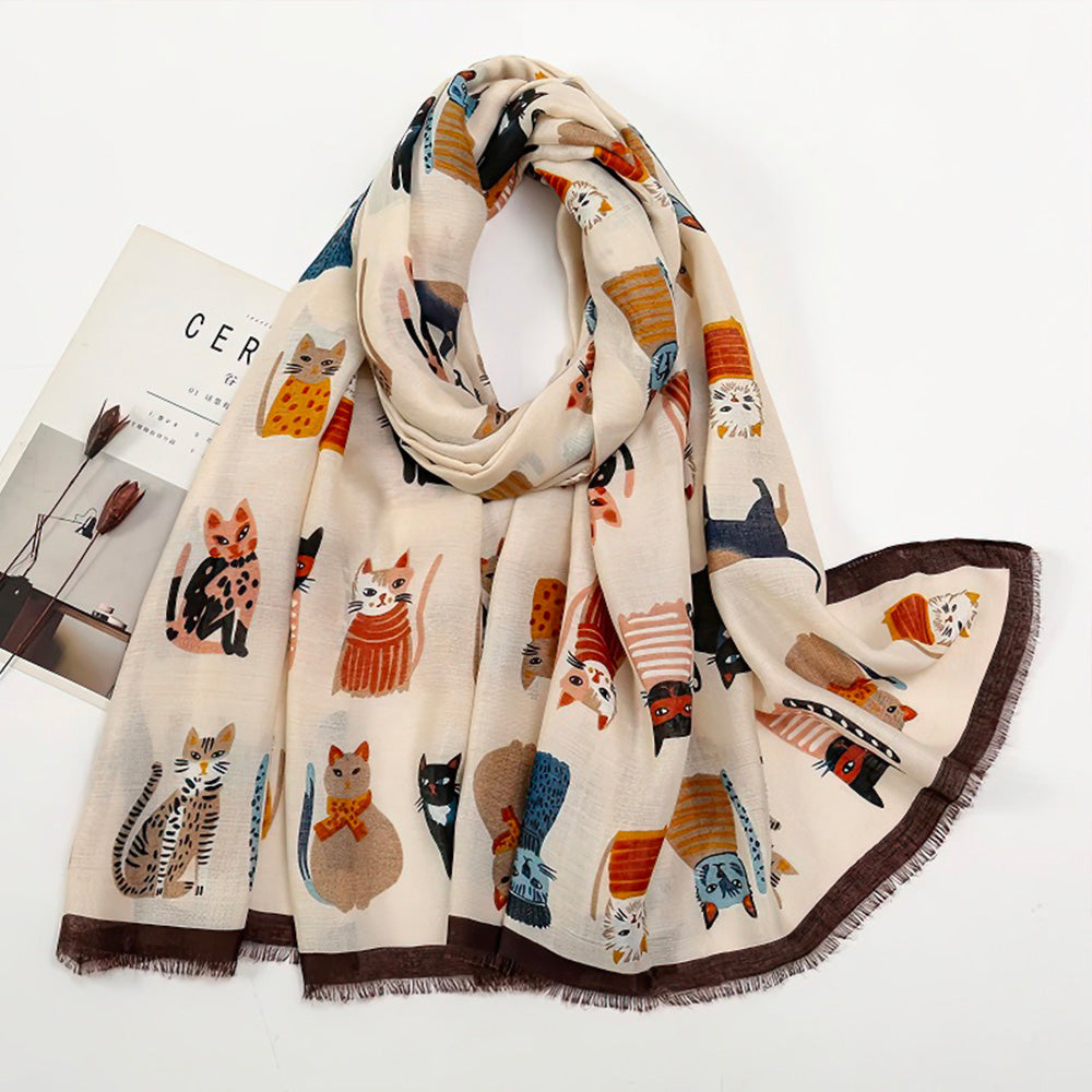 Grand Foulard Femme avec Motifs Chats Mignons en Viscose Polyester Blanc