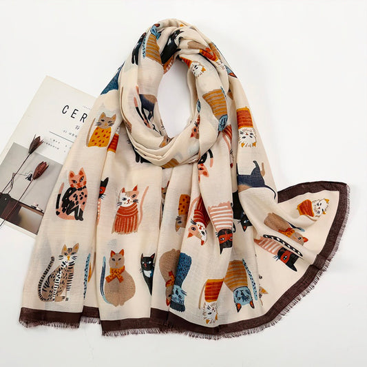Grand Foulard Femme avec Motifs Chats Mignons en Viscose Polyester Blanc