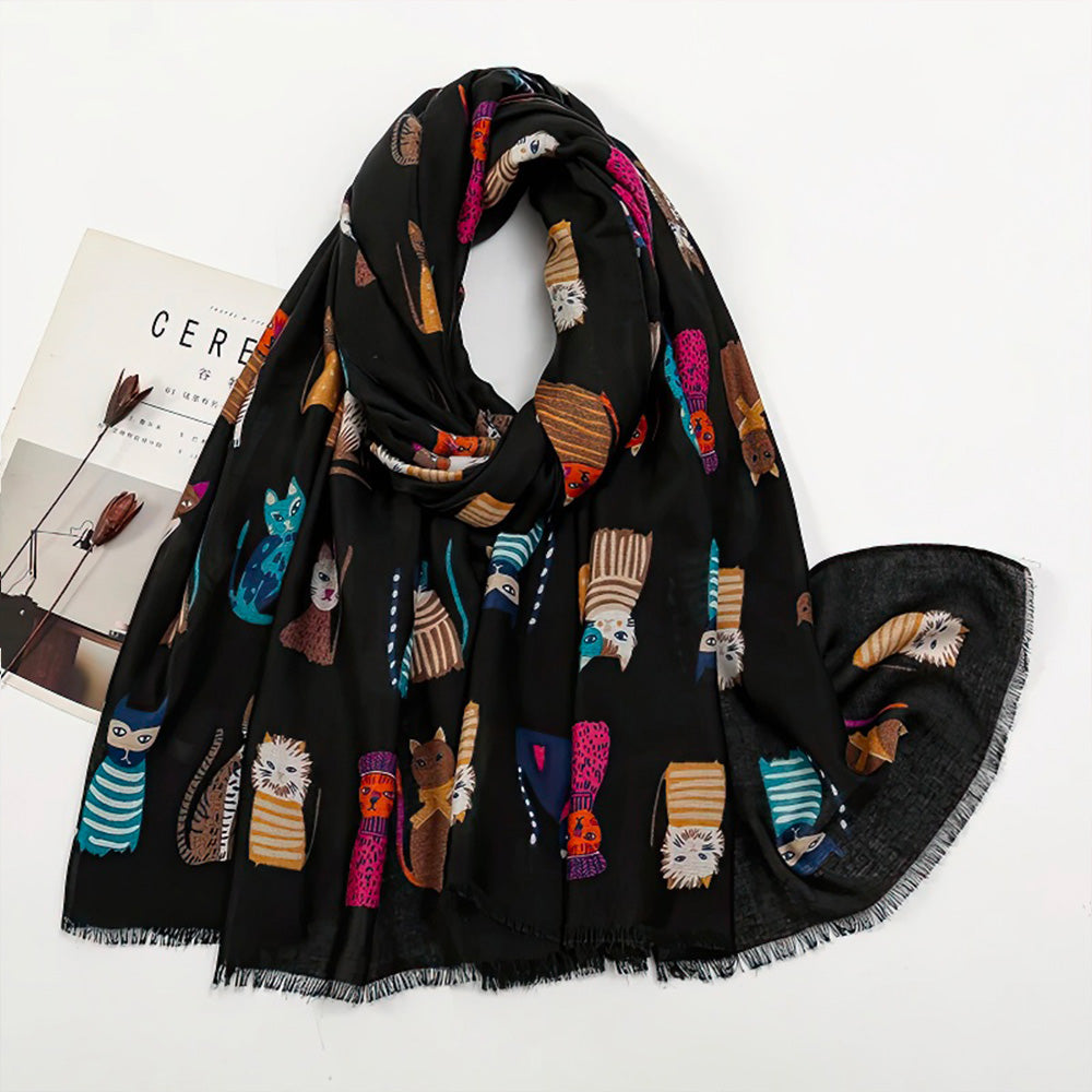 Foulard Imprimés Chatons Féminin en Polyester Viscose Noir