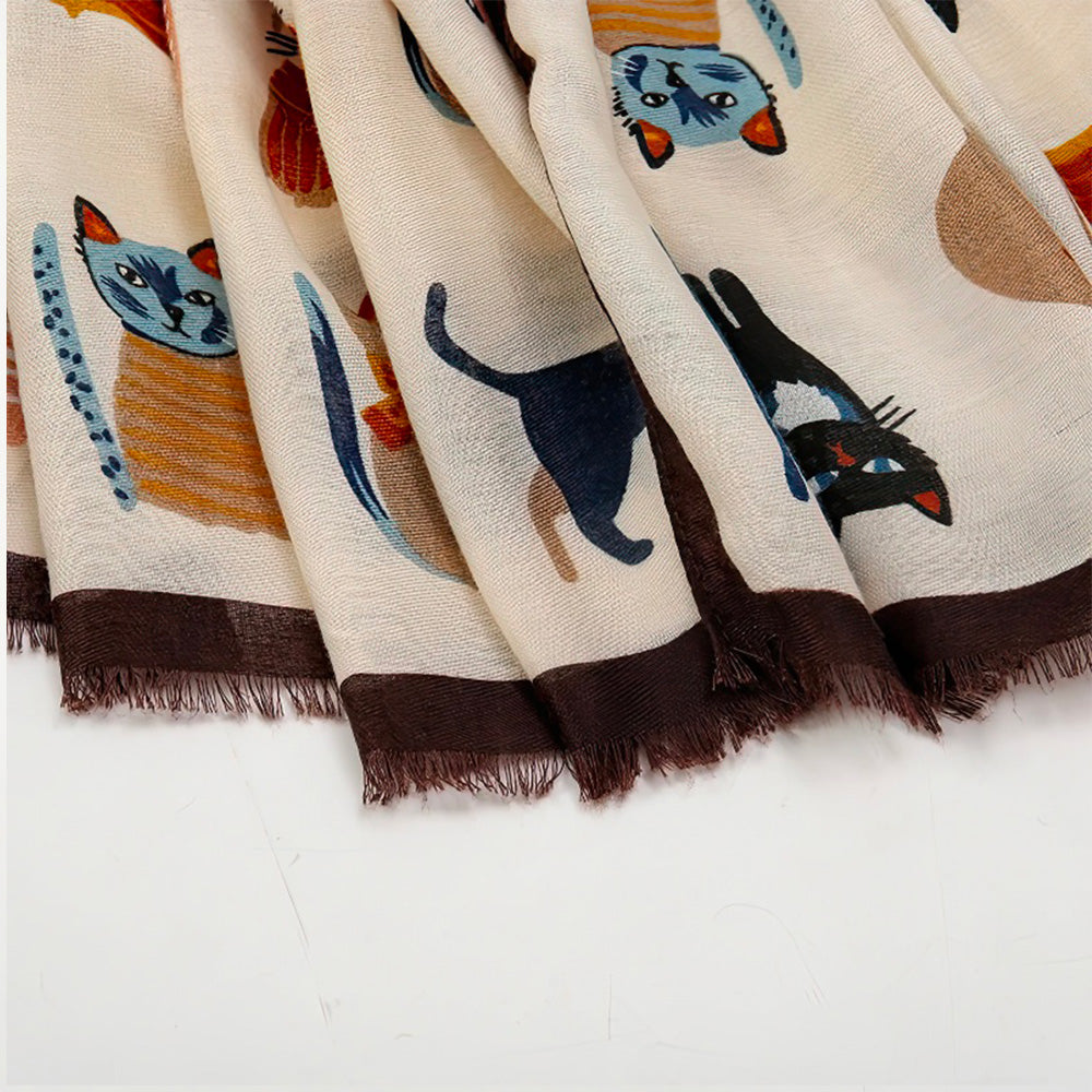 Foulard pour Femme Imprimé Chatons en Viscose Polyester Blanc Cassé à Franges