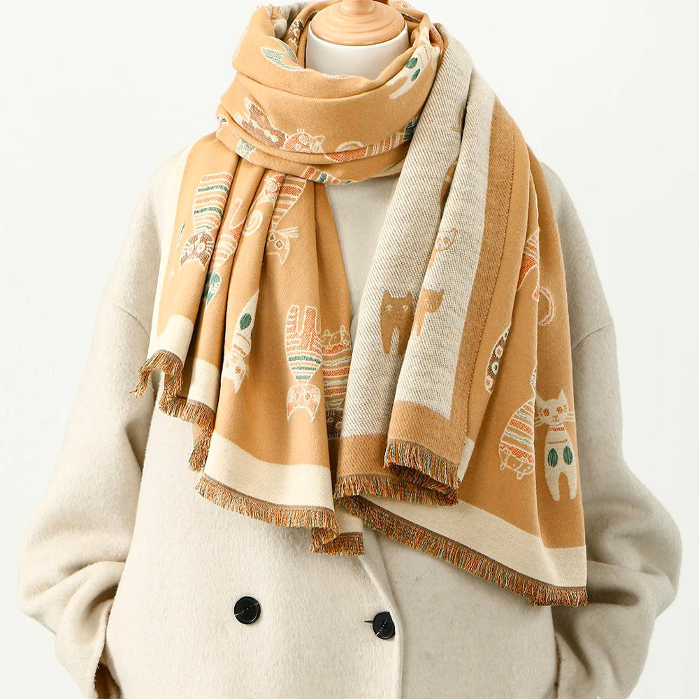 Foulard avec des Chats en Imitation Cachemire avec Franges Long et Chaud
