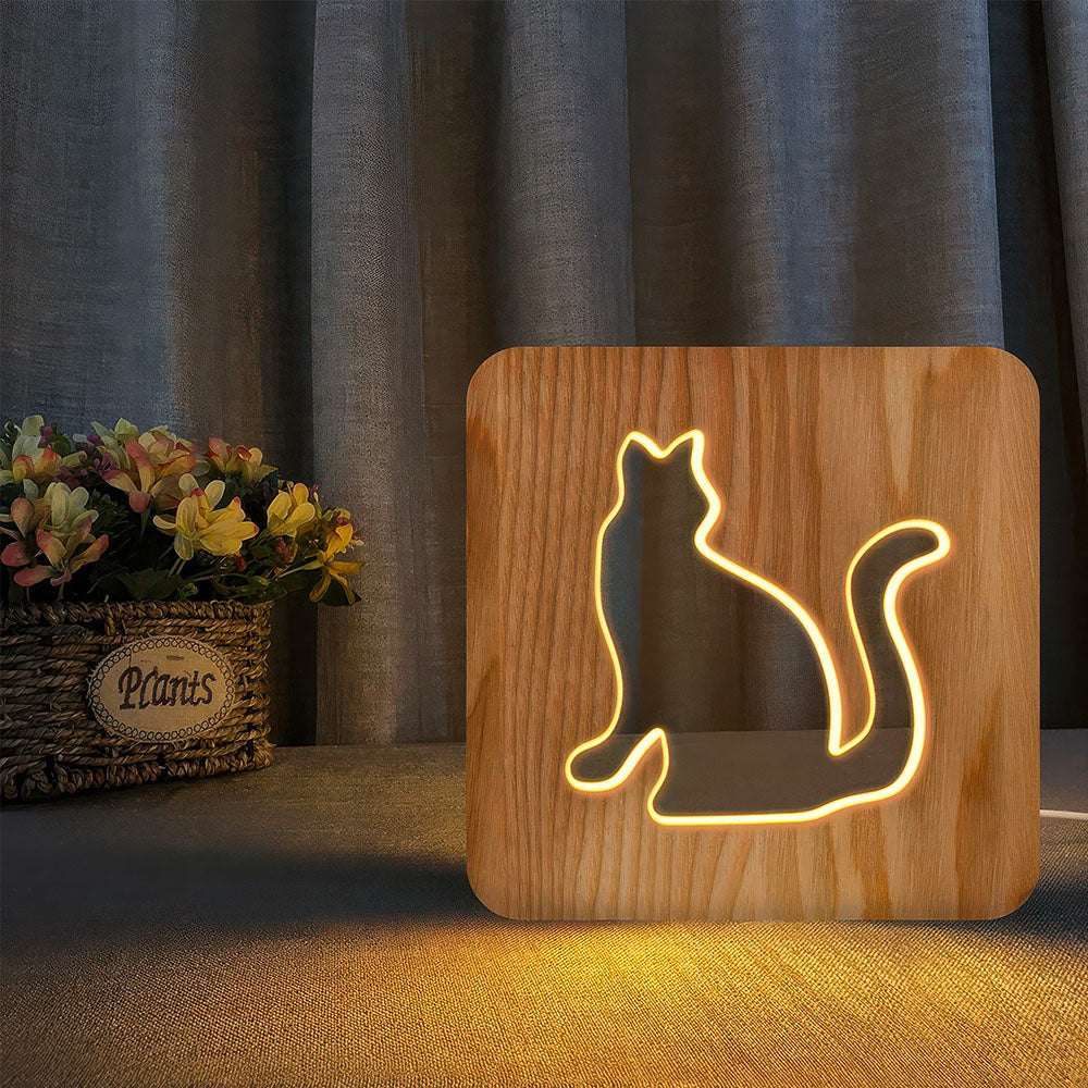 Chat Assis Lampe Bois Design