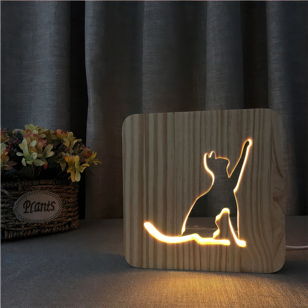 Lampe Chat Sculpté Bois Design
