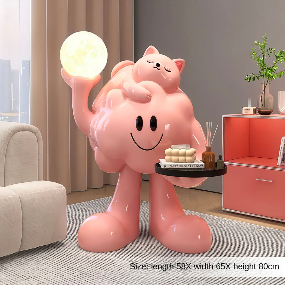 Adorable Grande Sculpture Rose avec un Chaton Endormi sur un Nuage Lampe