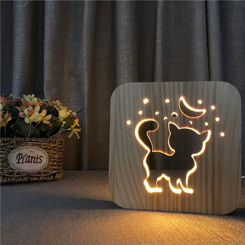 Lampe Design en Bois Chat Etoiles et Lune