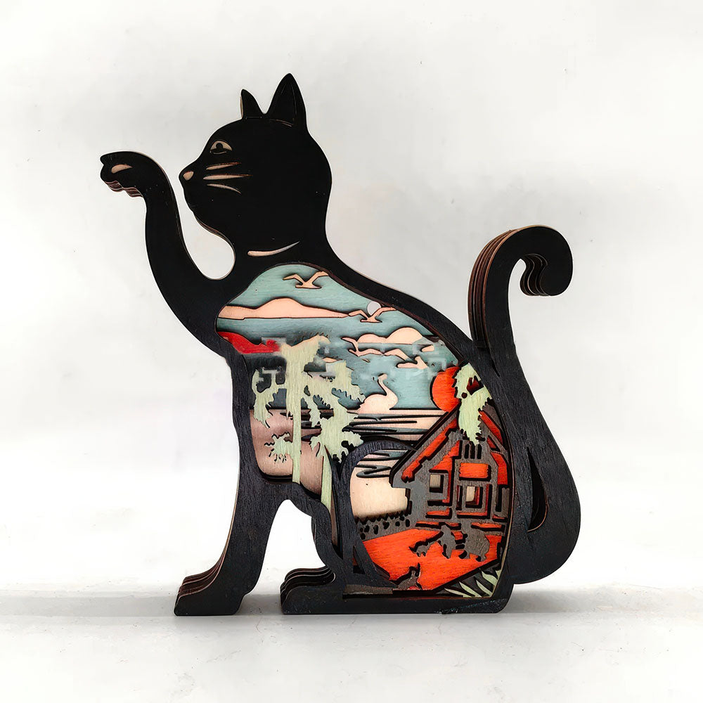 Lampe Chat avec Paysage Maison et Arbres en Bois Foncé