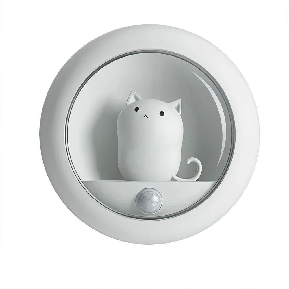 Chat Adorable dans une Petite Lampe Veilleuse Led Blanche et Ronde