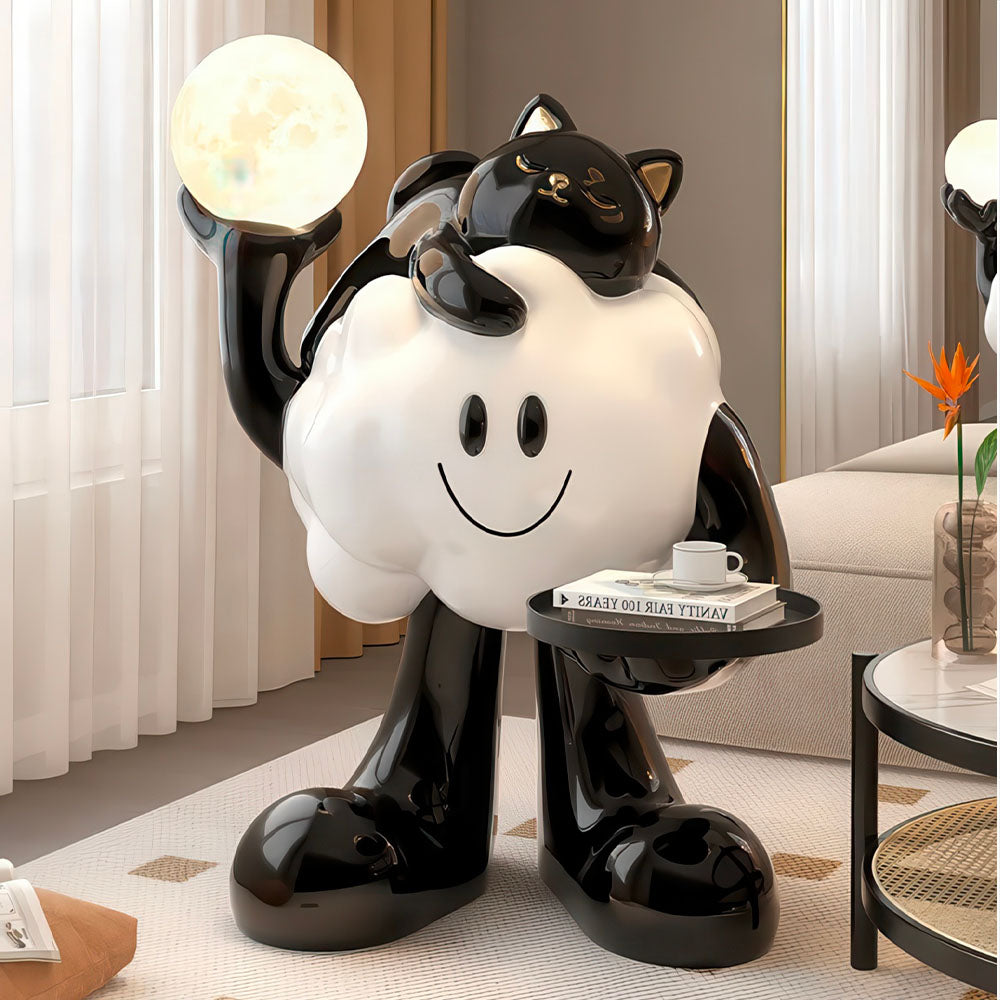 Chaton Mignon Noir Adossé à un Nuage Blanc et Noir Lampe de Sol Led