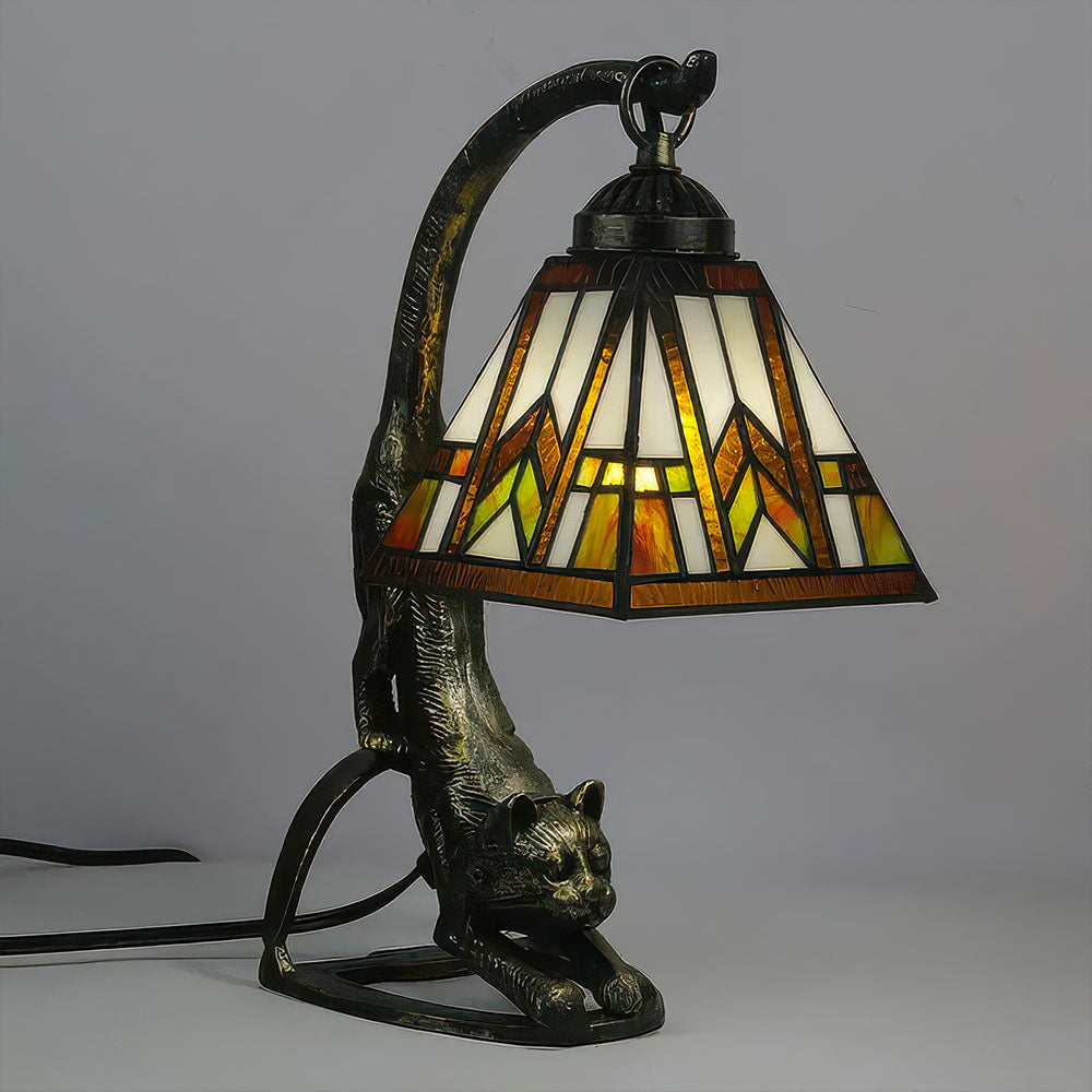 Belle Lampe Artisanale en Vitrail de Verre son Pied Statue Chat Résine