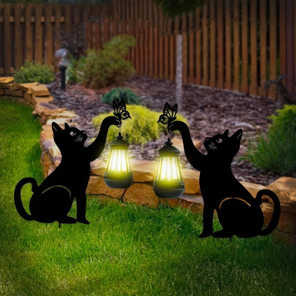 Chat Noir et Papillon Métal Lampe Solaire de Jardin