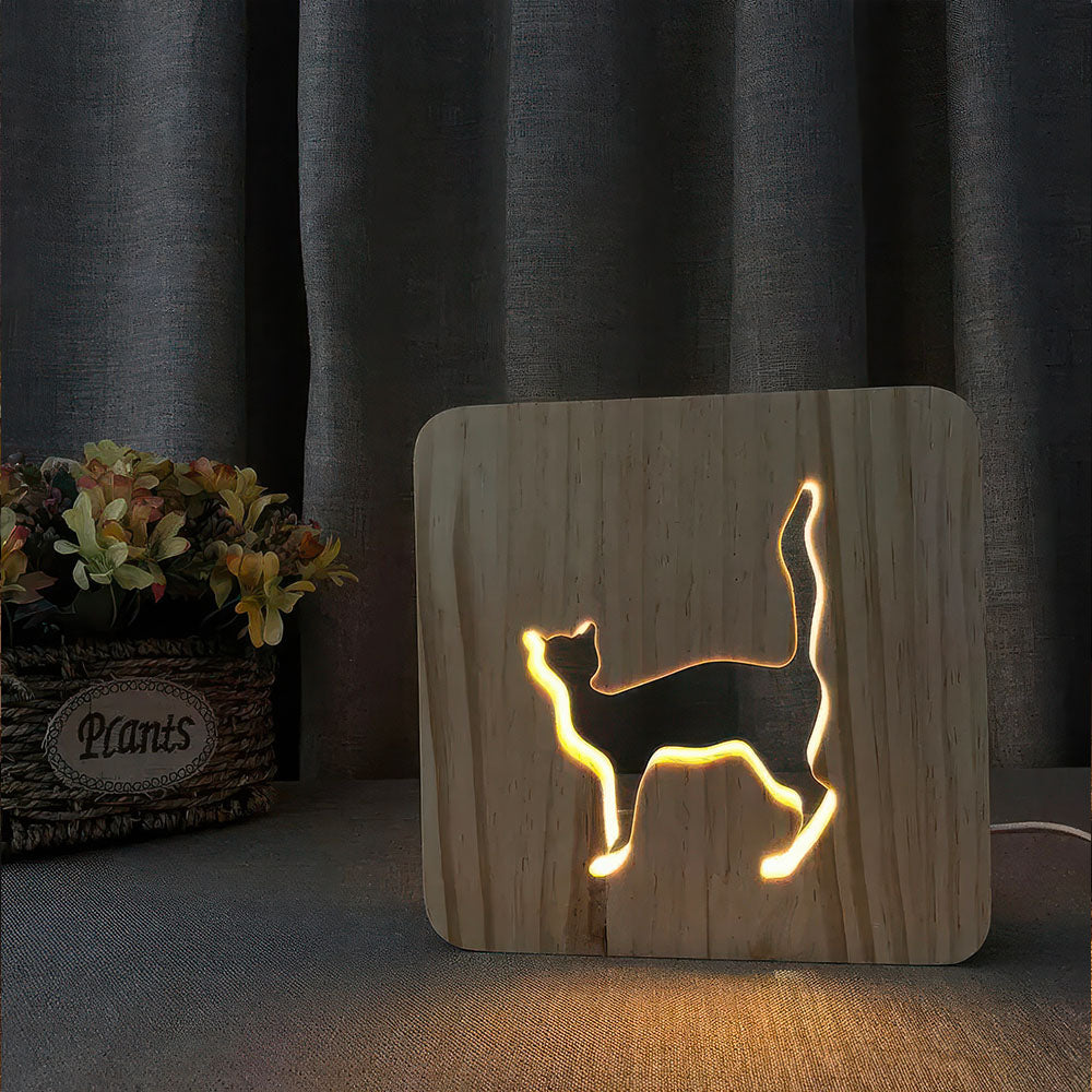 Chat Sculpté Lampe en Bois Design