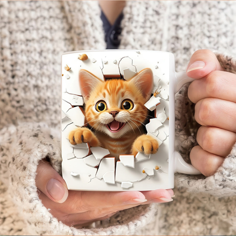 Petit Chat Mignon Sortant d'un Mug en Céramique Blanche Effet 3D