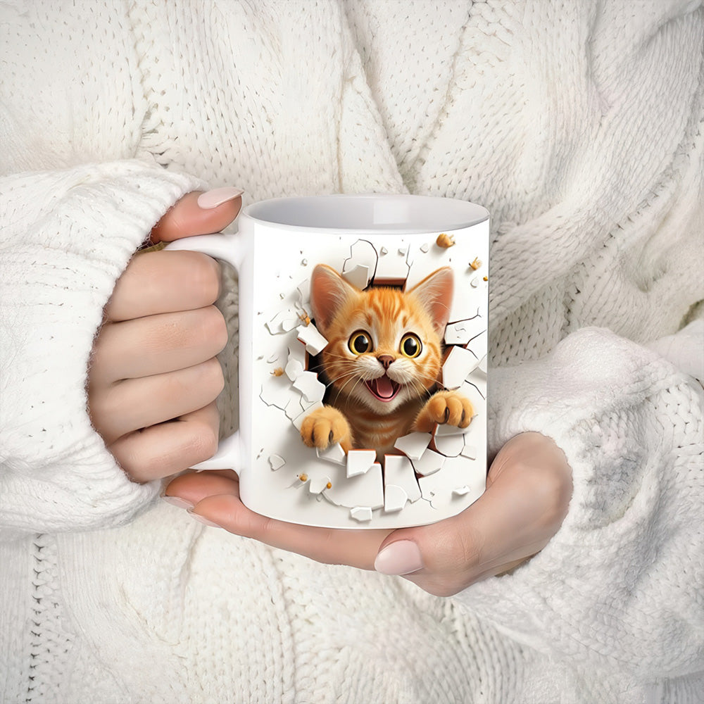 Adorable Chaton qui Casse la Tasse pour Sortir sur Mug 3D Blanc