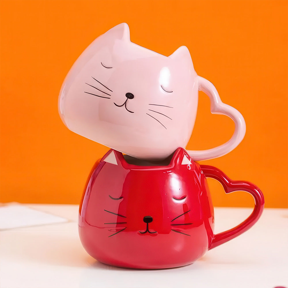 Mug Chat Amoureux avec Anse en Forme de Coeur Style Cartoon