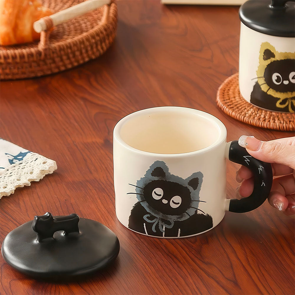 Mug Chaton Noir avec une Cagoule Couvercle et Cuillère