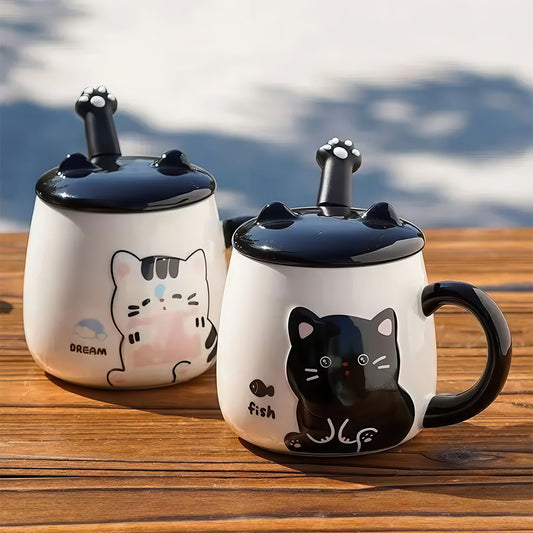 Mugs avec Motif Chat Mignon en Céramique et Cuillère