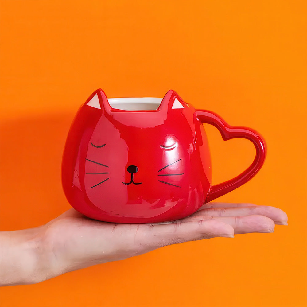 Mug Rouge Chat avec Anse en Forme de Coeur Oreilles Prohéminantes Guidant la Boisson