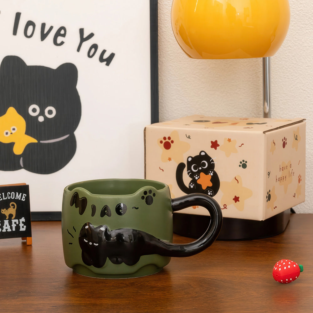 Mug Vert Kaki Petit Chat Noir Miao en Céramique