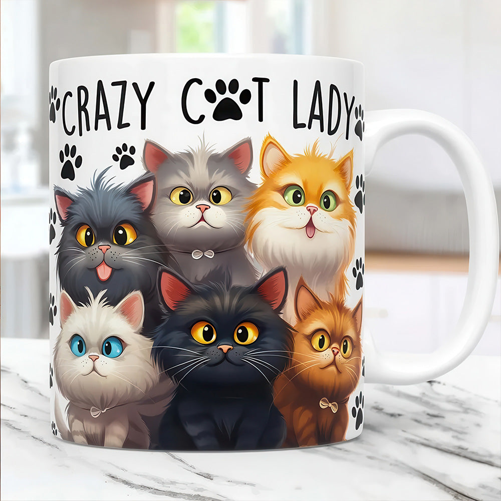 Mug pour Collectionneurs Crazy-Cat-Lady Blanc Dessin Colorés de Chatons