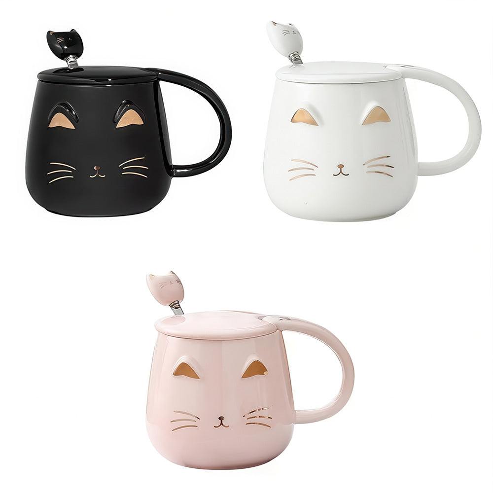 Grandes Tasses avec Cuillères tête de Chat en Céramique Noir Blanc et Rose