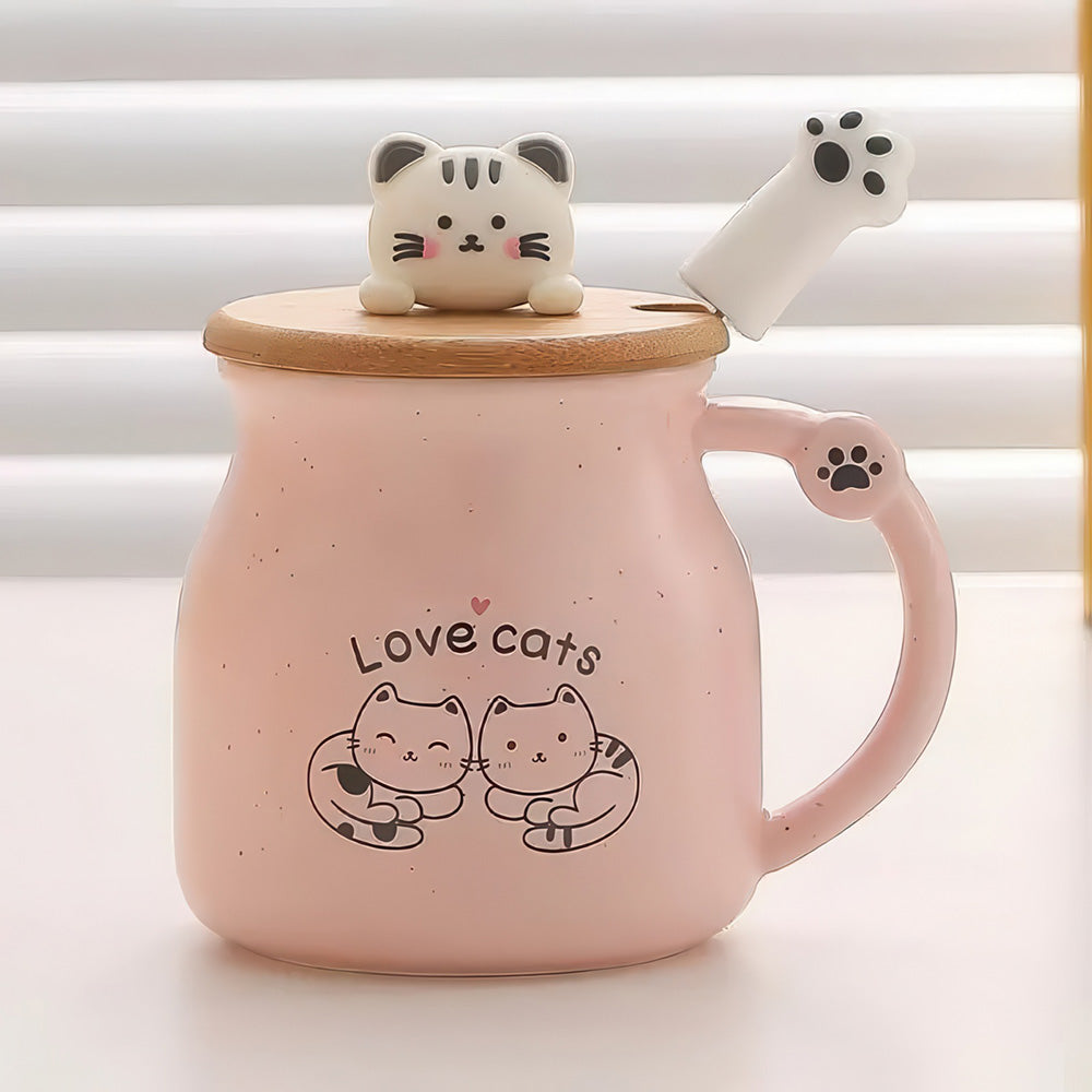 Mug Rose Avec Chatons Mignons en Dessin et Figurines Sur Couvercle en Bois