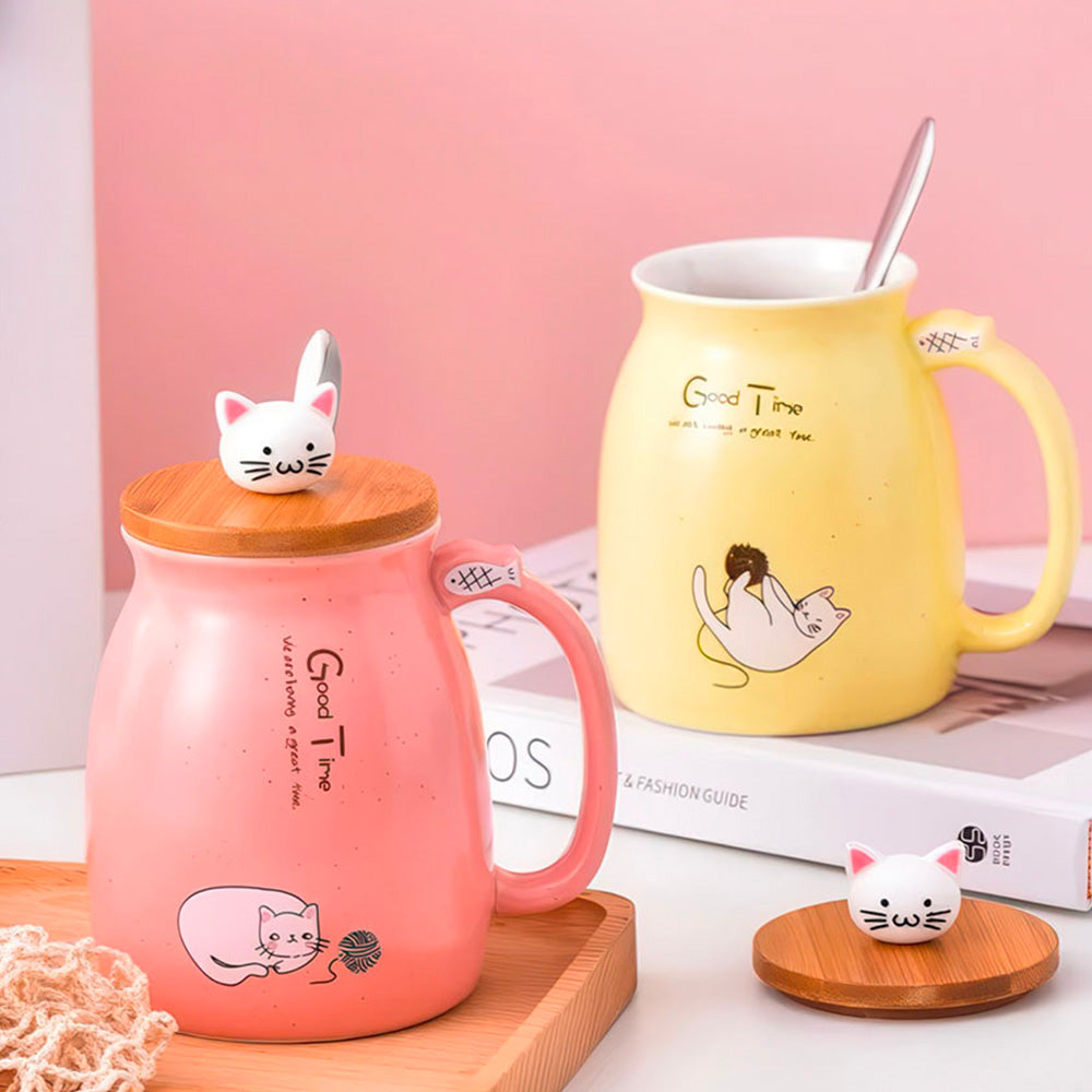 Mug Luxueux Dessin et Statuette Chatons et Poisson avec Cuillère