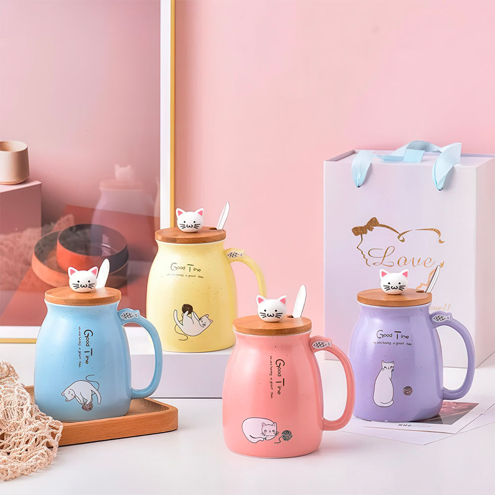 Grands Mugs avec Dessin de Chat et Mini Statuette Tête Chat sur le Couvercle