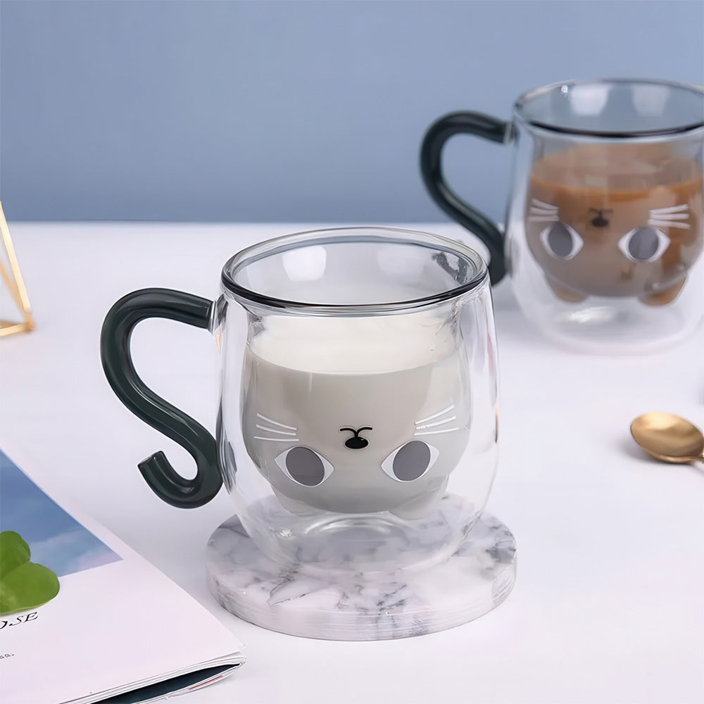 Tasse en Verre Double Fond Chat Poignet en Forme de Queue