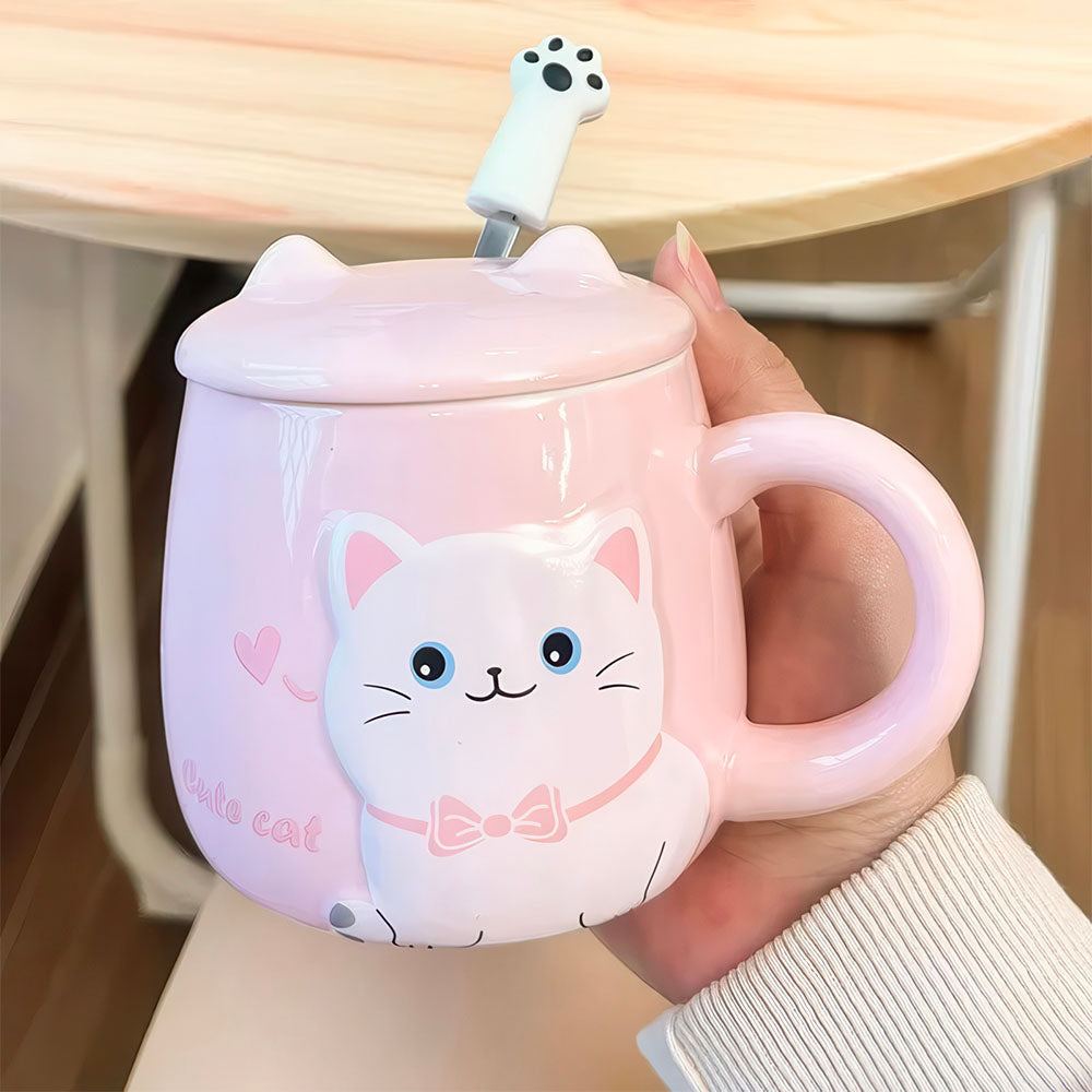 Mug Enfant Rose avec Chaton Mignon en Relief Cuillère Patte et Couvercle