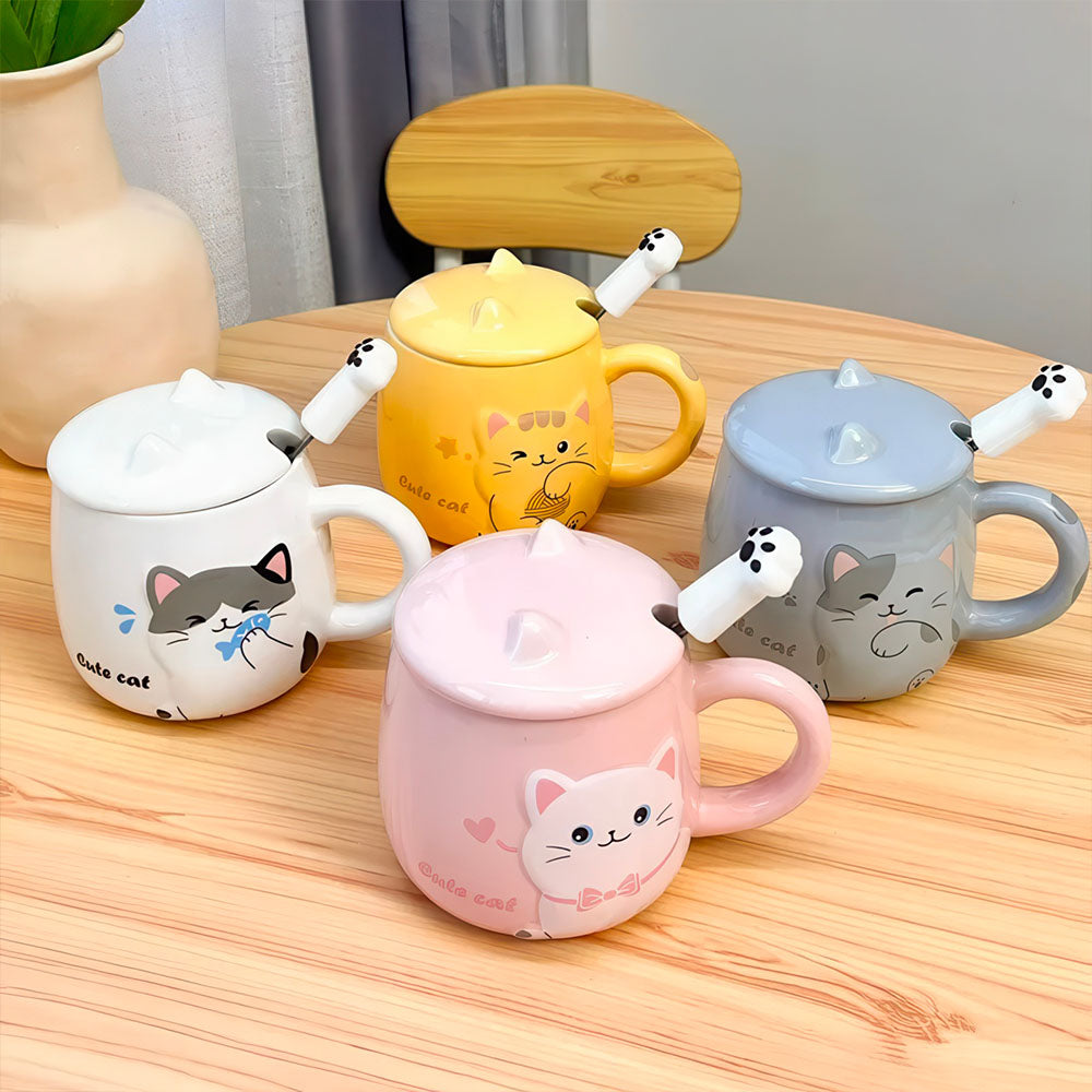 Mugs Chatons Kawaii Rose Blanc Jaune Gris avec Cuillère et Couvercle