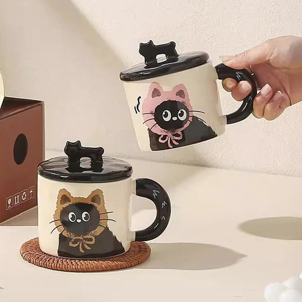 Mug avec Couvercle et Cuillère  Motif Chaton avec Bonnet Rose