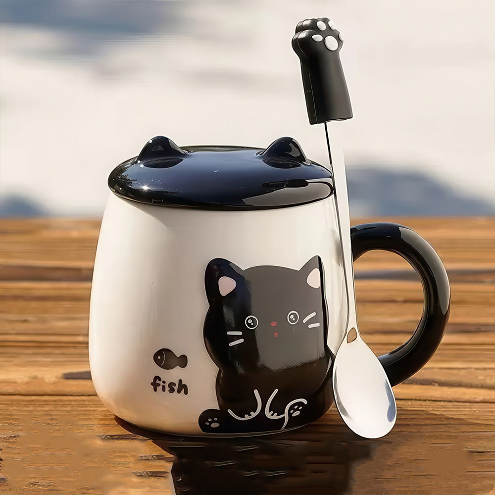Tasse Blanche et Noire Chat Mignon Couvercle avec Oreilles en Céramique