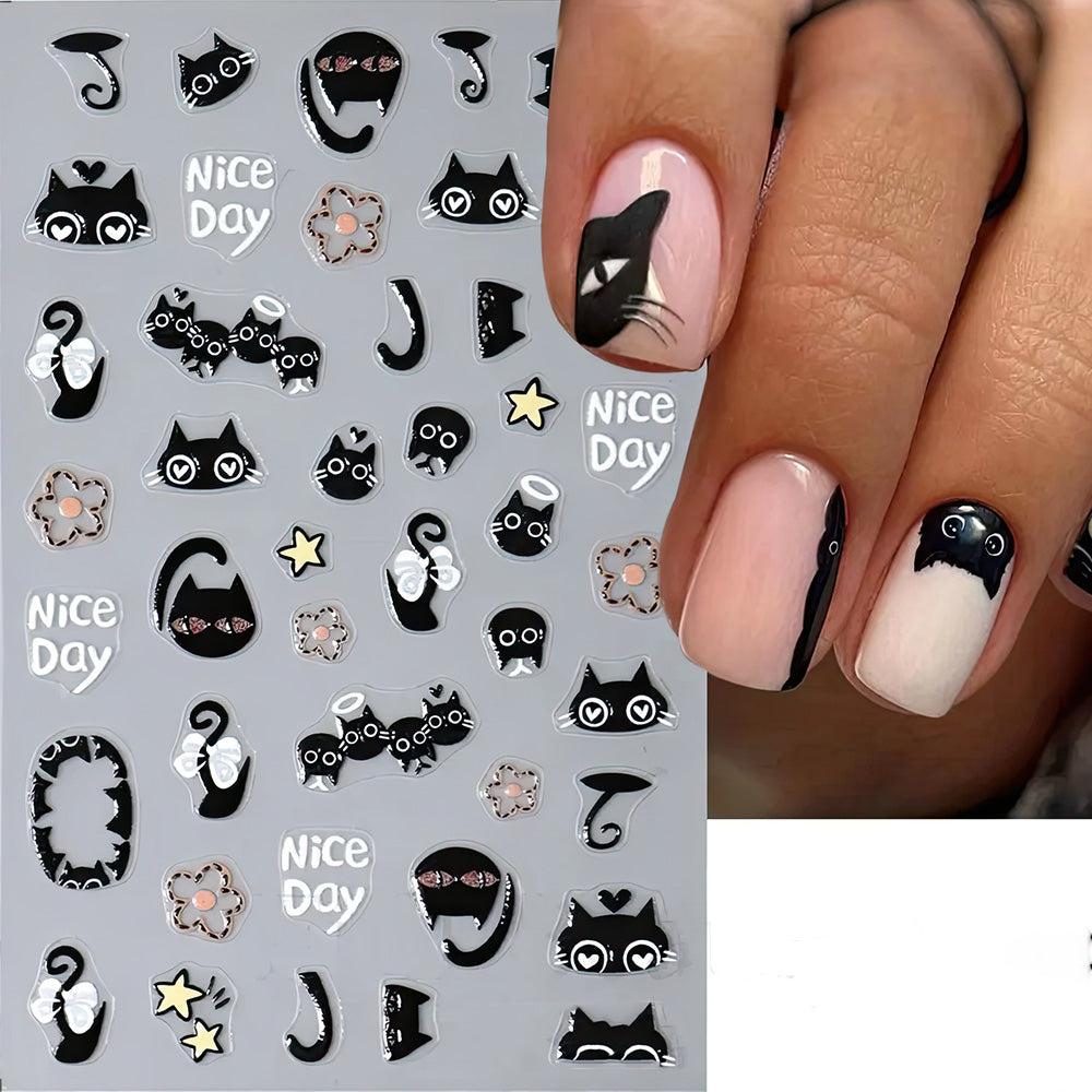 Stickers Chats Noirs Fleurs roses, Etoiles jaunes et Coeurs pour Ongles