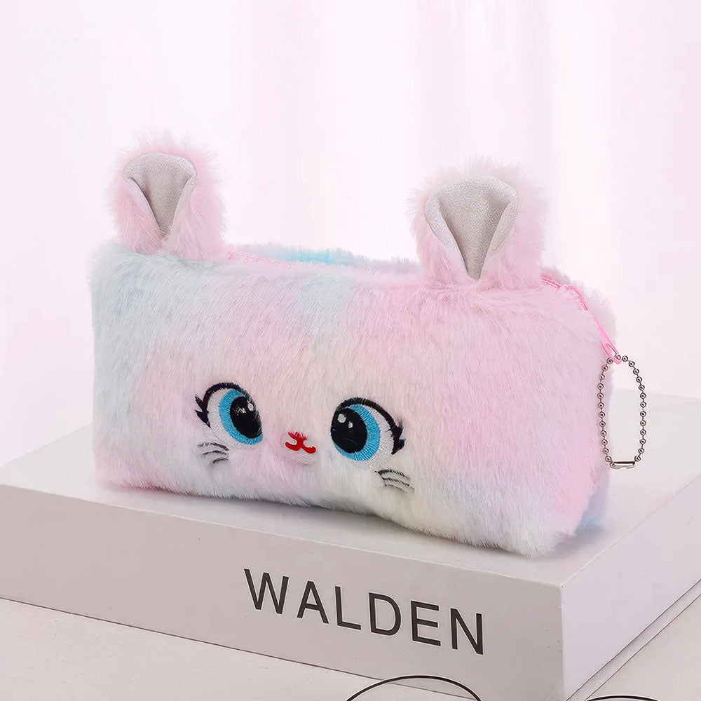Trousse en Peluche avec Fermeture Eclair, Motif Chat Bleu et Rose Pâle pour Enfant