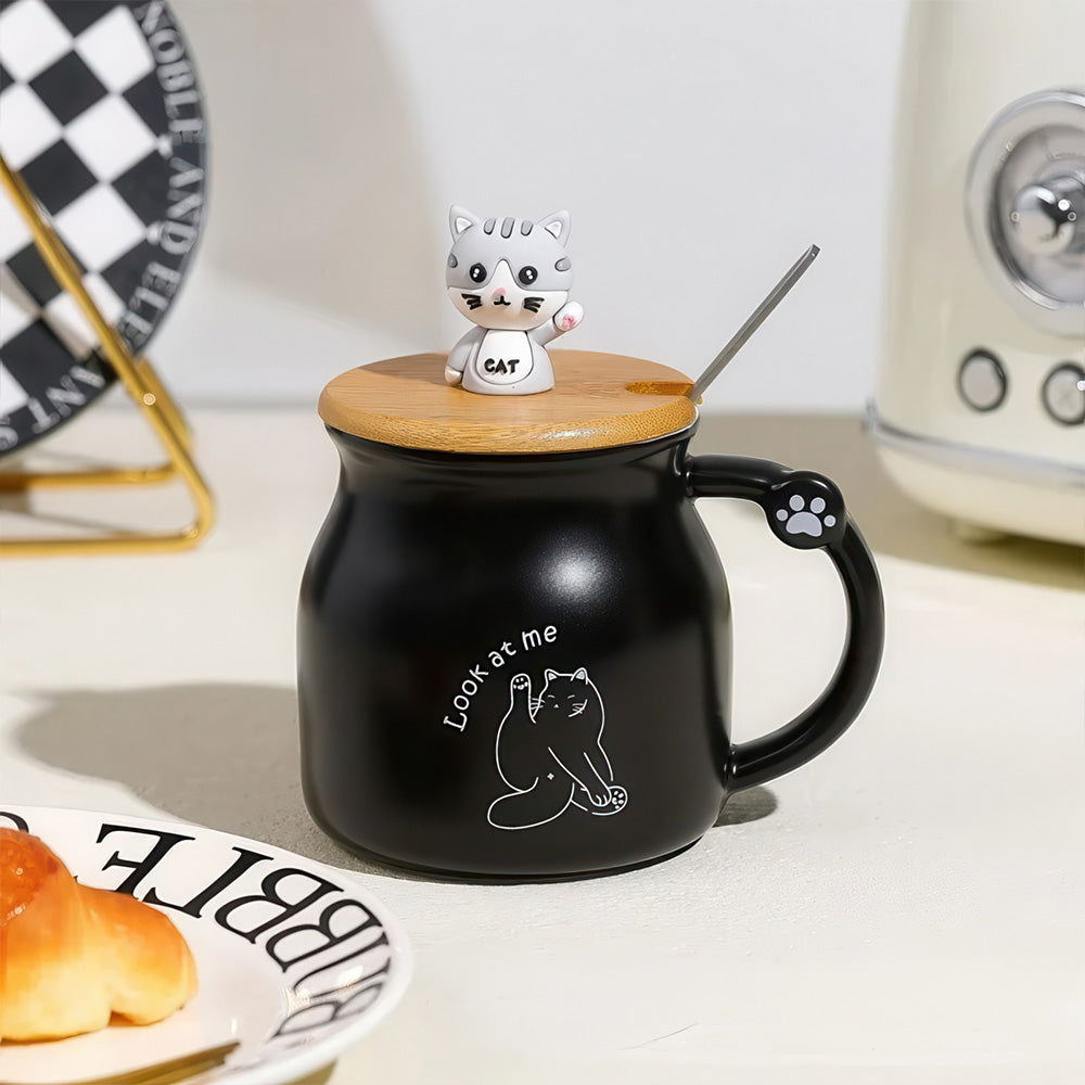 Mug Noir Dessin et Figurine Chaton avec Couvercle et Cuillère