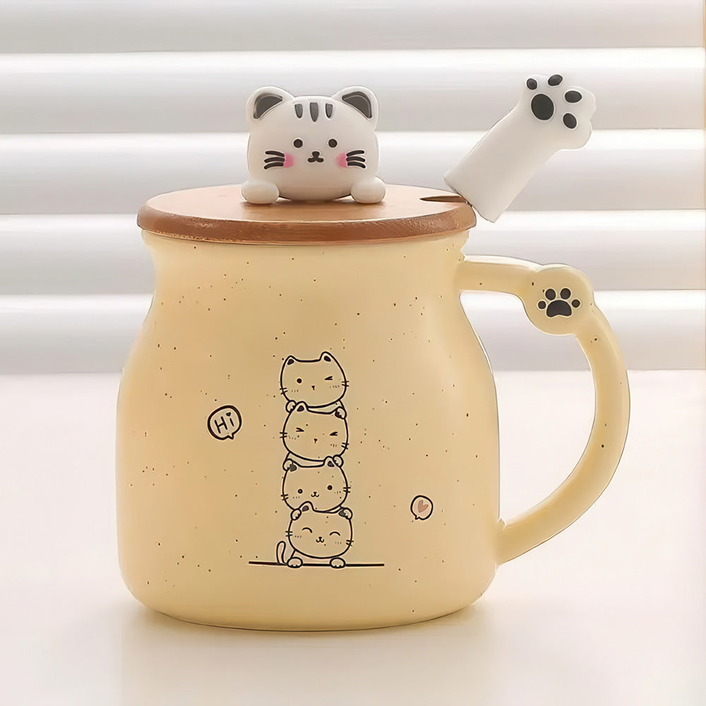 Grand Tasse Jaune avec Couvercle et Cuillère Dessin Petits Chats  Figurine Patte