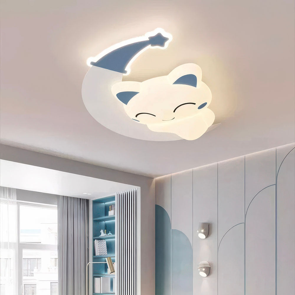 Lampe de Plafond Bleue en Forme de Chat sur une Lune