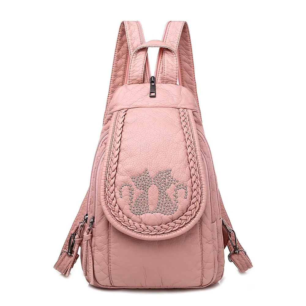 Sac à Dos Motif Strass Deux Chatons en cuir d'Agneau Lavé Rose