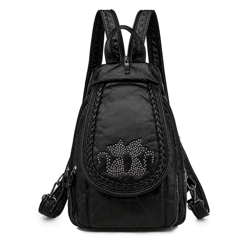 Sac à Dos pour Femme en Vrai Cuir Noir Motif Deux Chats en Strass